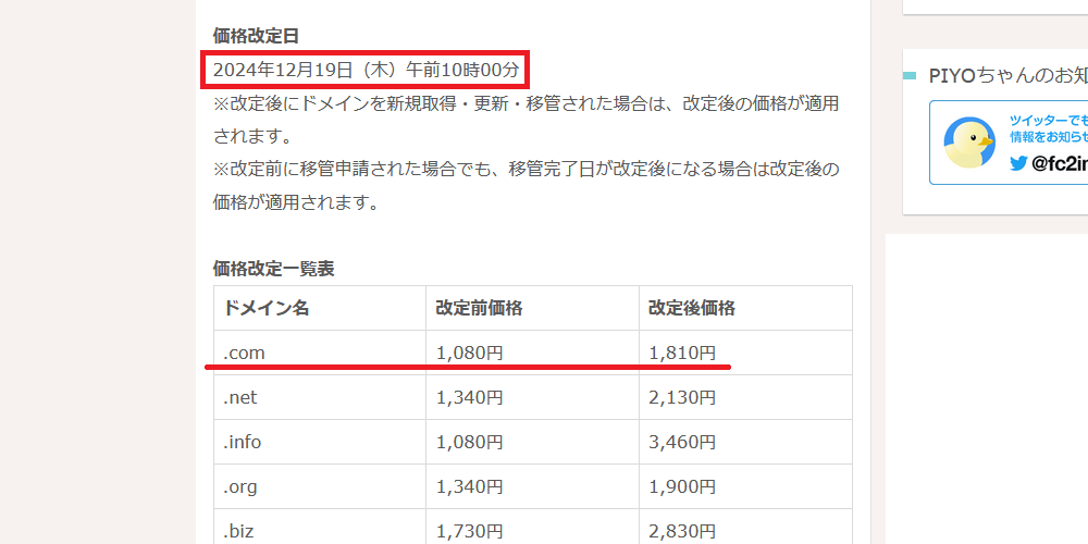 FC2ドメインの価格改定